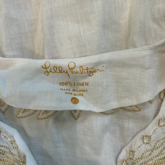Lilly Pulitzer Amelia Island Linen Tunic White & Gold Embroidered V-Neck Top XS - Picture 6 of 6